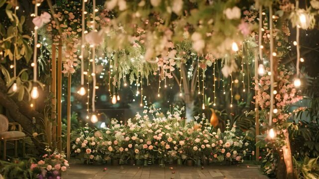 An outdoor wedding ceremony set up with a floral archway decorated with fairy lights, A whimsical garden wedding with fairy lights and cascading flowers
