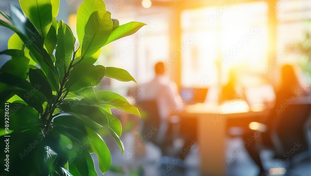 Poster a blurred background of an office with business people in the foreground, sitting at desks and worki