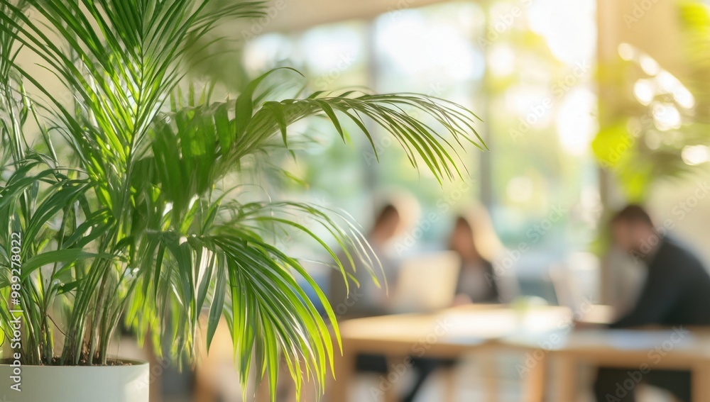Poster a blurred background of an office with business people sitting at desks, focusing on the foreground 