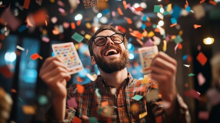 Fototapeta premium A joyful man celebrates, holding playing cards amidst a shower of colorful confetti, capturing a moment of excitement and fun.