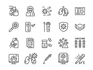 Corona virus icons. Coronavirus health care. Medical mask. Wash hands with sanitizer. Disease temperature symptoms. Vaccine syringe. Medicine pills. Lungs diagnostic. Vector symbols set