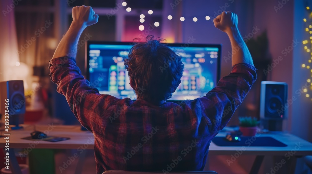 Poster a person celebrating a gaming victory in a dimly lit room, with colorful lights and a computer scree