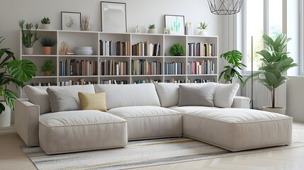 Bright and airy modern living room interior featuring a comfortable sofa minimalist bookshelves filled with books and lush indoor plants arranged in a stylish and relaxing home decor setting