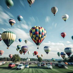 Obraz premium A field with a large crowd of people watching hot air balloons.