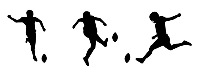 Set of silhouette illustrations of male American football players. Various player poses. Isolated on a white background.