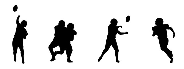 Set of silhouettes of male American football players. Various player poses. Isolated on a white background.