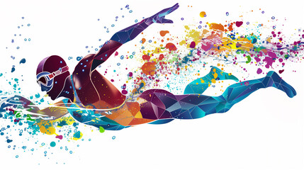 Male athlete swimmer doing a training exercise for a swimming sports race event by practising the breast stroke and diving underwater shown in a contemporary abstract painting