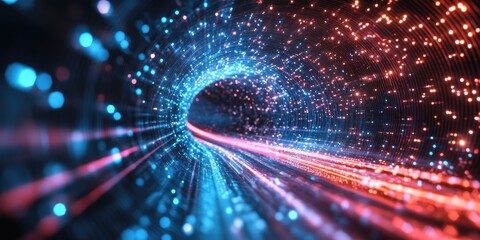 Obraz premium Futuristic digital tunnel with glowing particles and light trails