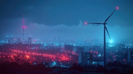 Fototapeta premium A vibrant night cityscape featuring glowing lights and a wind turbine, blending technology and nature in an urban setting.