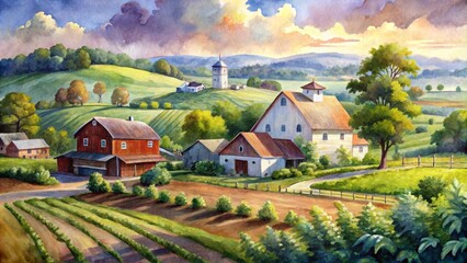 Serene countryside scene showing a cluster of farm buildings nestled in a valley of rolling hills