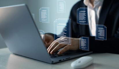 Person working on laptop. System of online documentation database and document management. Process...