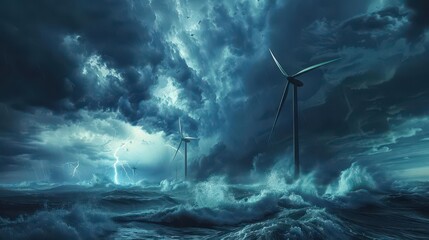 Dramatic stormy ocean scene featuring wind turbines amidst turbulent waves and ominous clouds, highlighting nature's raw power.