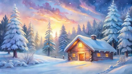 Fototapeta premium Winter landscape with cozy wooden cabin surrounded by snow-covered trees and sunset sky
