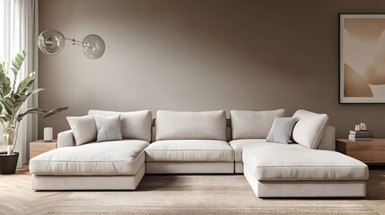 Cozy and Inviting Modern Living Room with Comfortable Sectional Sofa and Minimalist Decor  Muted Color Palette Plush Textures