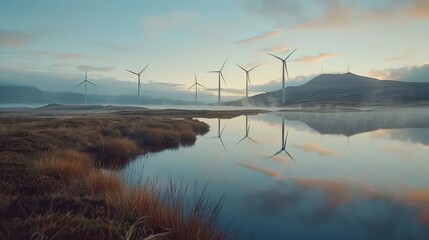 Serene landscape featuring wind turbines reflected on calm water, showcasing nature and renewable energy in a tranquil setting.