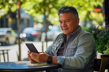 Mature man is enjoying a sunny day at an outdoor cafe, using his smartphone to stay connected