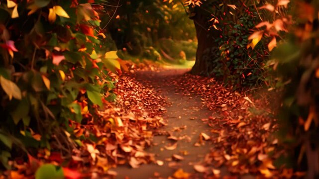A winding path through a forest covered in red and orange leaves, A windy path covered in red and orange leaves