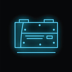 Blue neon icon of a car battery glowing on a black background