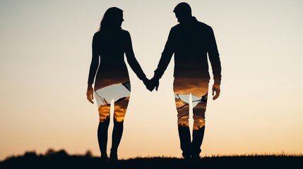 A couple holding hands but walking away from each other, focus on the hands, warm sepia tones, Double exposure silhouette with shattered glass,