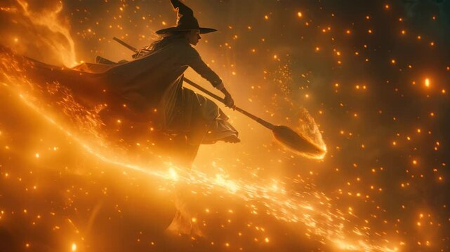 Silhouette of a witch flying on a broomstick with a trail of topaz sparks, A witch flying on a broomstick with a trail of sparks behind her