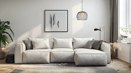 Comfortable and stylish Scandinavian inspired living area featuring a spacious modular couch muted accessories and natural lighting that creates a clean minimal and ambiance