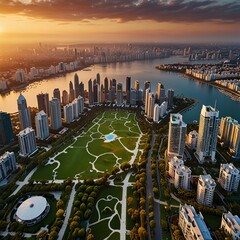 A breathtaking aerial shot showcasing a panoramic view of a modern city at sunrise, with the glow of the tall buildings reflecting the colors of dawn
