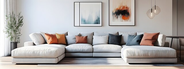 Luxurious modern living room interior with a large plush sectional sofa featuring an assortment of patterned and solid colored throw pillows