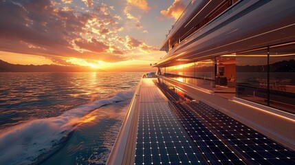 Obraz premium A luxurious yacht gliding through serene waters at sunset, showcasing sleek design and eco-friendly solar panels.