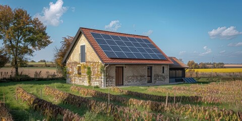 A modern house with solar panels surrounded by lush fields and trees under a clear blue sky, promoting sustainable living.