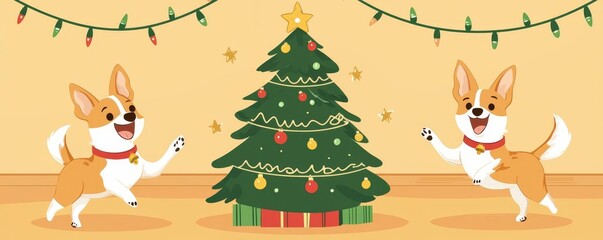 Dogs dancing around a Christmas tree, flat design, front view, cheer theme, cartoon drawing, Triadic Color Scheme