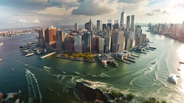 A breathtaking aerial view of Manhattans skyline, showcasing its iconic skyscrapers against a backdrop of blue waters, Aerial view of Manhattan's iconic skyline