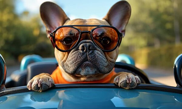 A stylish dog wearing sunglasses, enjoying a ride in a car.