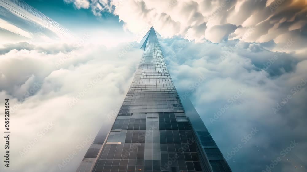 Poster a glass skyscraper appears to rise through the clouds, its structure abstractly painted with topaz h
