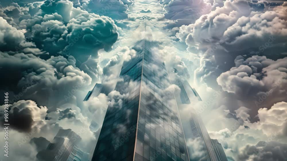 Poster an abstract interpretation of a skyscraper reaching into topaz colored clouds, an abstract interpret