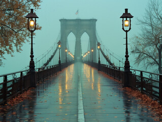 Rain Storm on brooklyn bridge, Soaking wet rainy reflective street during storm in New York City, moody artsy cinematic scene of New York City Manhattan brooklyn bridge under the snow 