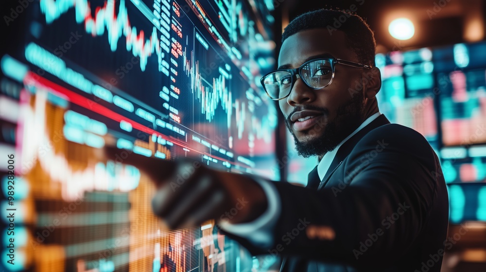 Poster business analyst in a suit pointing at financial data charts on displays in a modern office environm