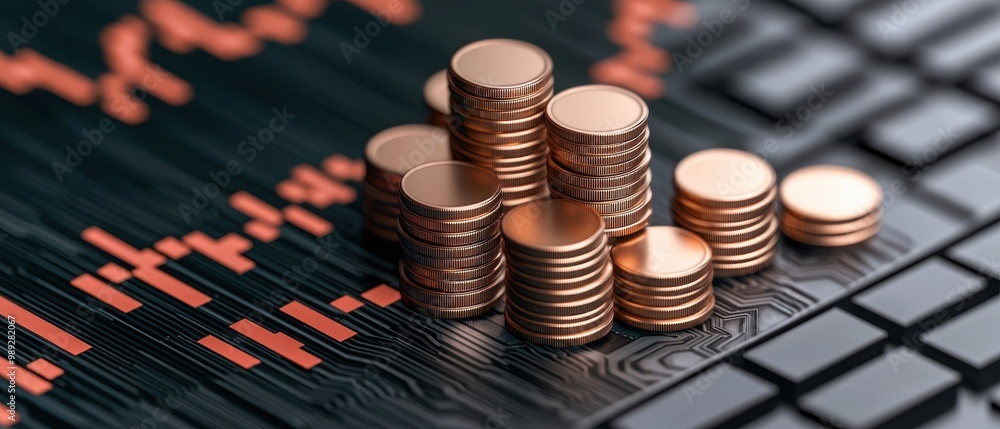Poster stacks of coins on dark background with financial graphs