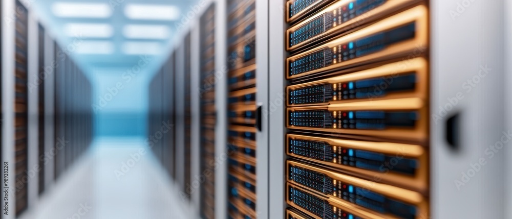 Poster modern data center with server racks and technology