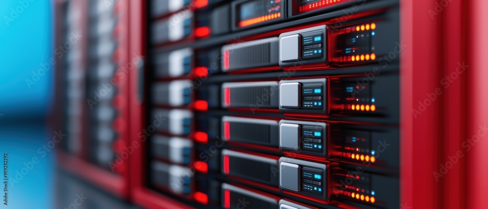 Poster modern data center with server rack and lights