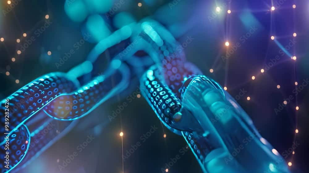 Poster a close-up, abstract representation of blockchain technology with a glowing blue digital chain, an a