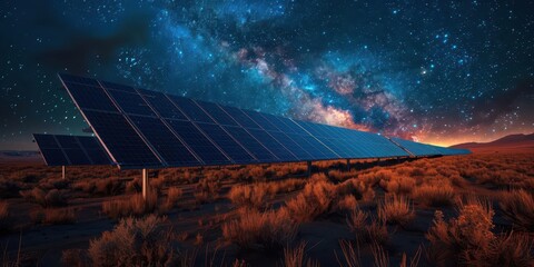 A stunning solar panel array under a starry sky, showcasing renewable energy in harmony with nature at dusk.
