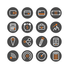 Simple flat icon set for business and finance. Includes wallet, money, calculator, chart, mobile, and other tools. Clean and modern style.
