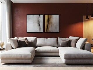 Fototapeta premium Cozy and Inviting 3D Rendered Modern Living Room with Large Comfortable Sectional Sofa Minimalist Decor Abstract Wall Art and Sleek Contemporary Fixtures