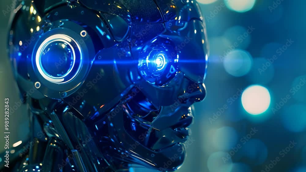 Aufkleber a close-up video of an advanced robotic head with a glowing blue eye, hinting at sentience, an advan