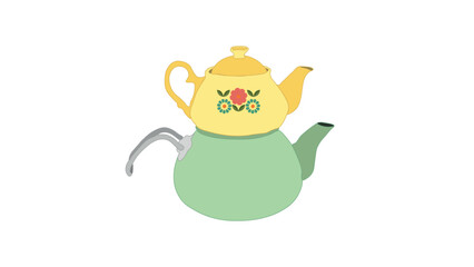 cute green and yellow  teapot in classic design. Household appliance. tea kettle