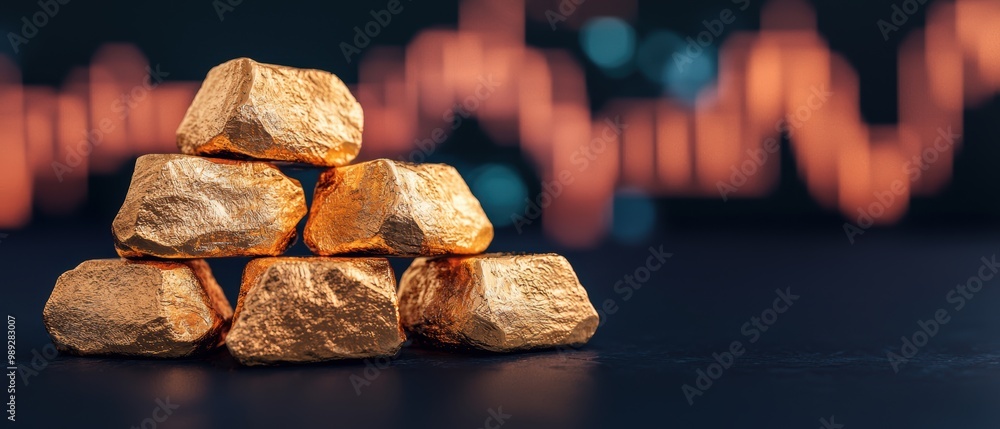 Poster golden ingots on dark surface with graph background