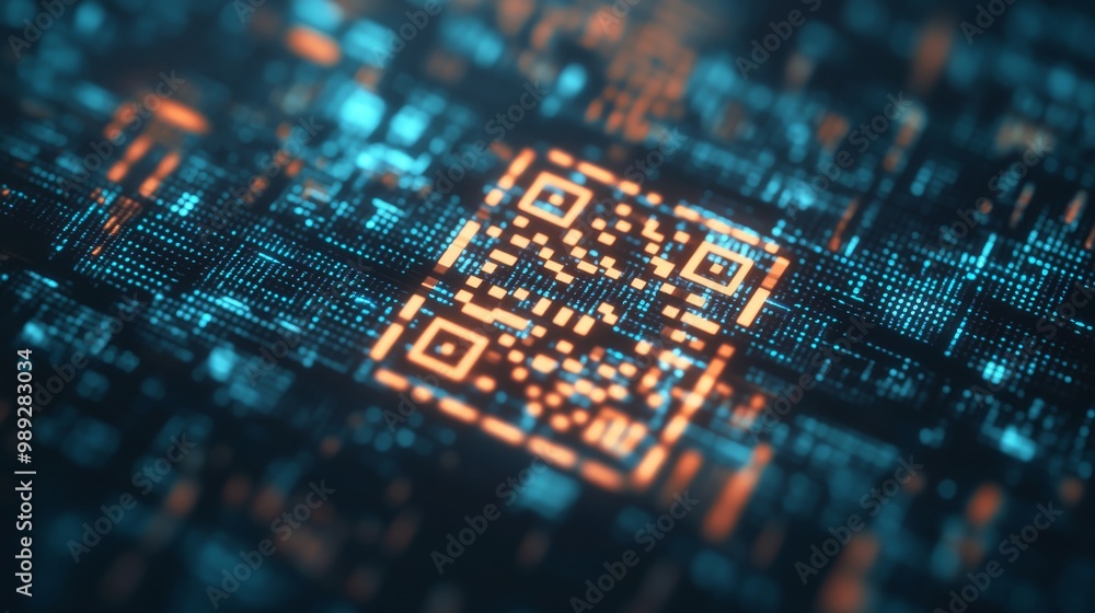 Poster a glowing qr code amidst a digital backdrop, symbolizing technology and connectivity in a modern, da