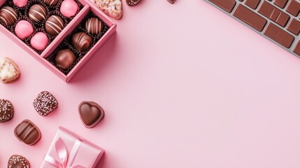 A pink desk with a gift box filled with delicious craft chocolate candies.