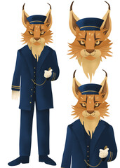 Cartoon Mr. conductor lynx mascot | Character animated 