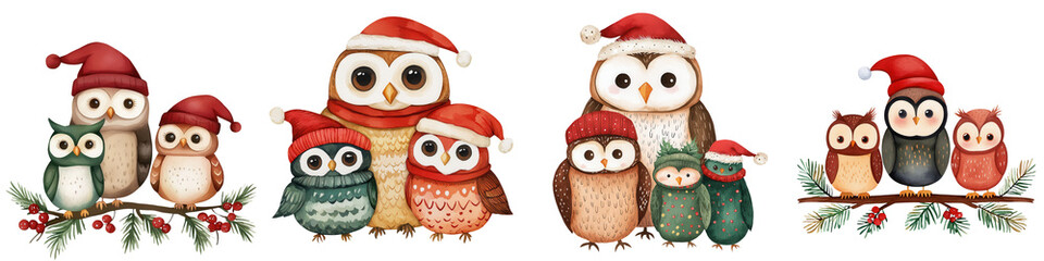 Fototapeta premium Cute holiday-themed owls wearing Santa hats and surrounded by festive decorations, suitable for Christmas designs.